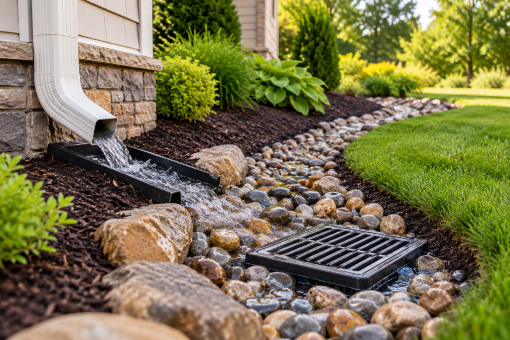 Our Landscaping Services Downspout drain feeding a river-rock dry creek bed