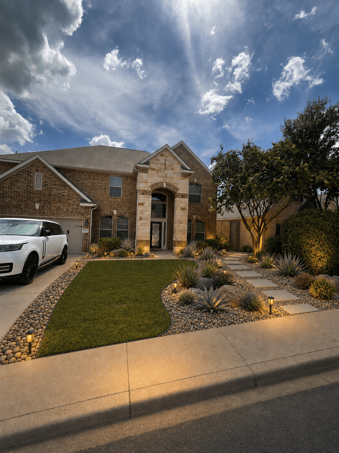 Front-yard landscape design rendering with lawn, rock beds, stepping stones and path lights